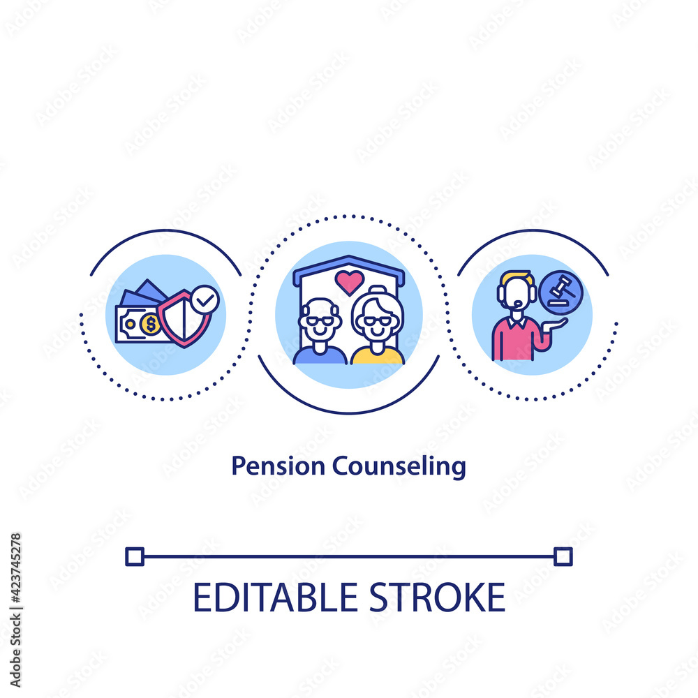 Pension counseling concept icon. Retirement planning. Notary aid for seniors. Legal services idea thin line illustration. Vector isolated outline RGB color drawing. Editable stroke Pension counseling concept icon. Retirement planning. Notary aid for seniors. Legal services idea thin line illustration. Vector isolated outline RGB color drawing. Editable stroke