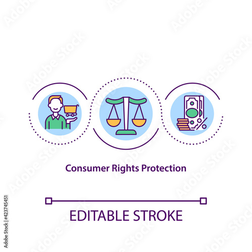 Consumer right protection concept icon. Business regulation. Commercial and financial safety. Legal services idea thin line illustration. Vector isolated outline RGB color drawing. Editable stroke