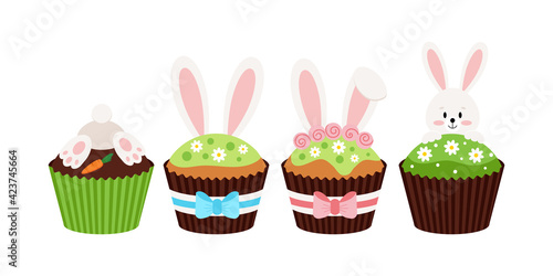 Easter bunny cupcakes set isolated on white background. Cake sweets food muffin with bunny rabbit ears, head, tail and carrot. Flat design cartoon style home made easter dessert vector illustration.
