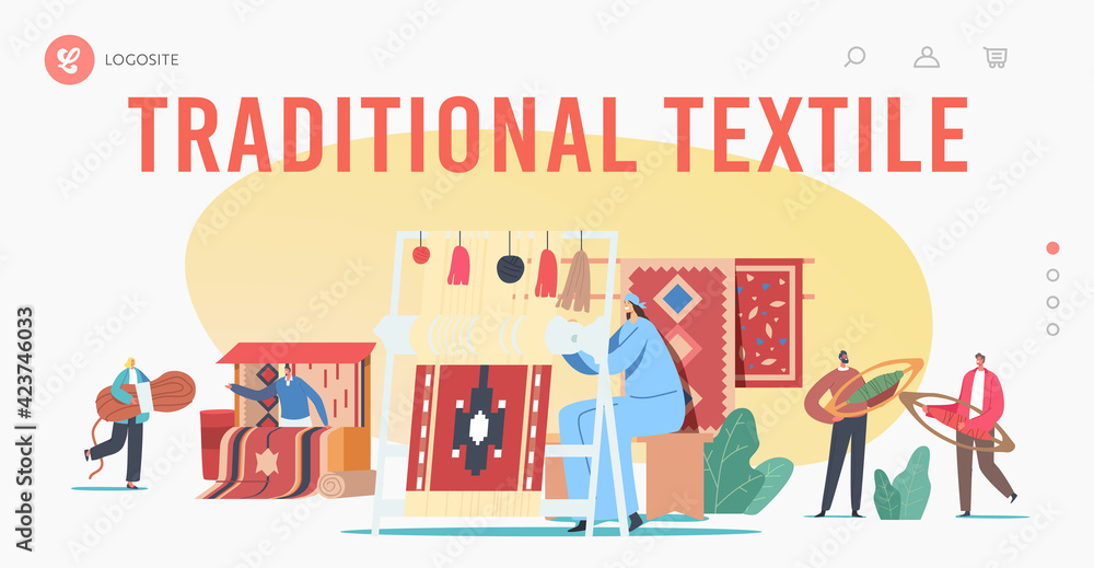 Traditional Textile Landing Page Template. Characters Weaving Carpet on Handloom and Selling on Asian Oriental Bazaar