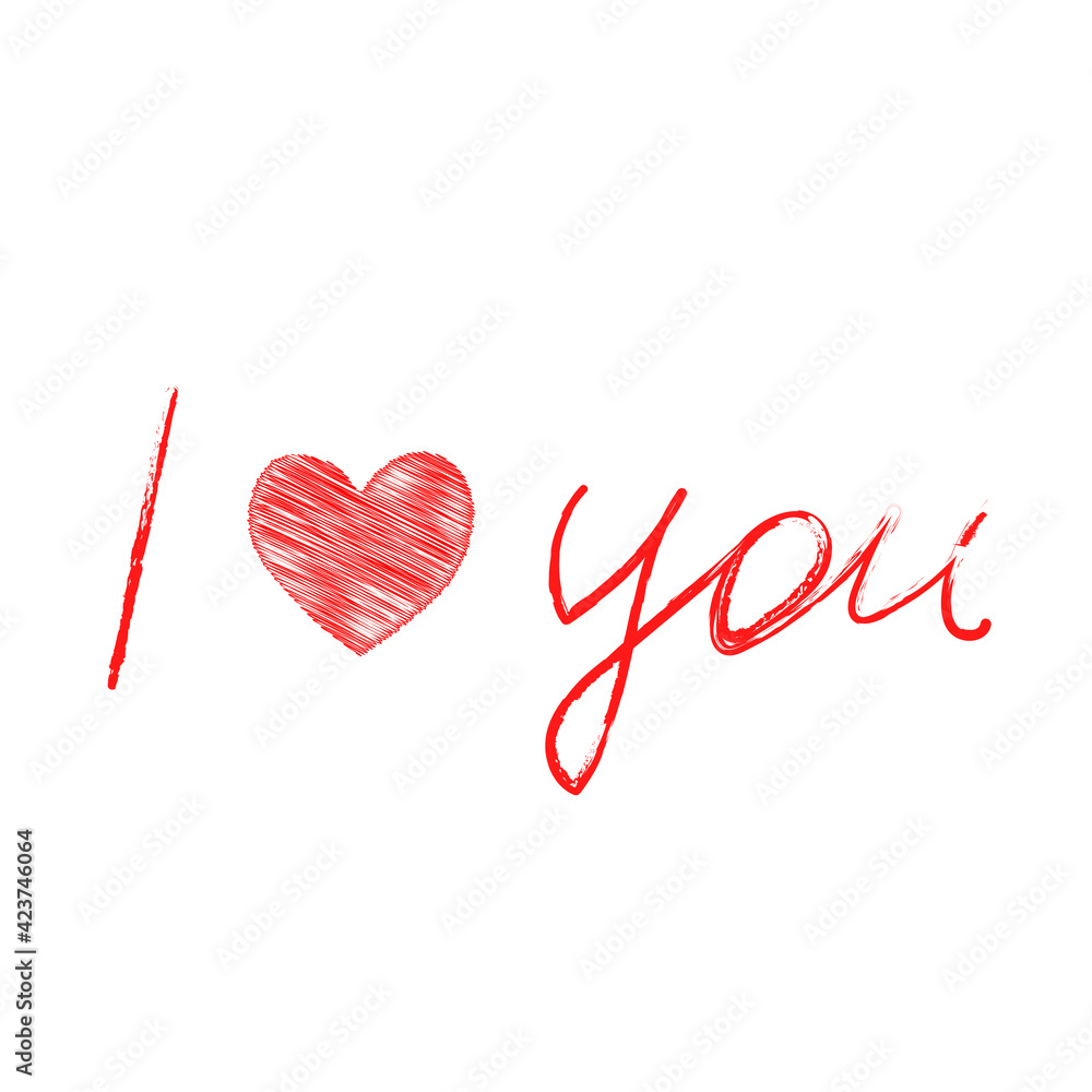 Outline vector illustration of One beautiful bright scribble red heart isolated on a white background with lettering I Love You