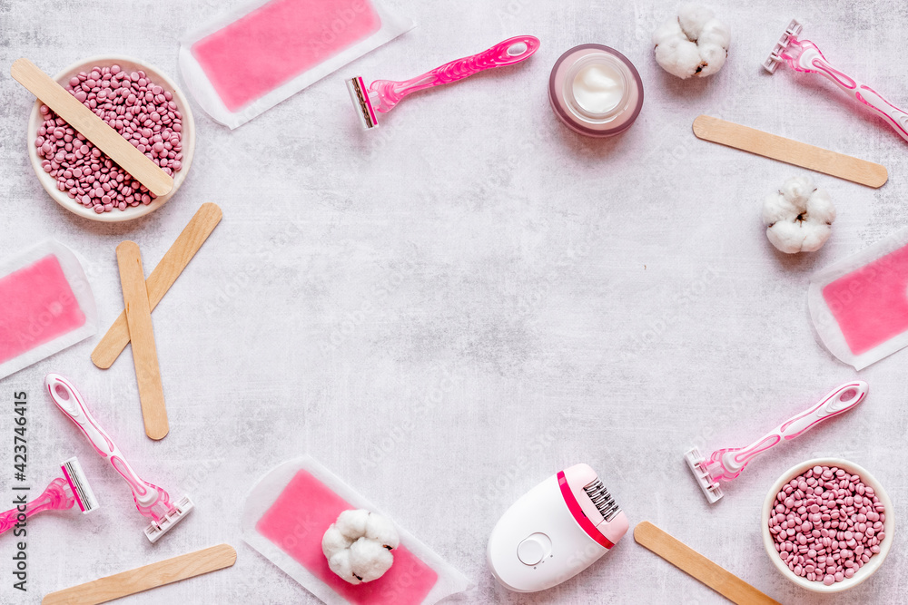 Frame of epilation means - epilator, wax strips and razor. Spa cosmetic treatments Frame of epilation means - epilator, wax strips and razor. Spa cosmetic treatments