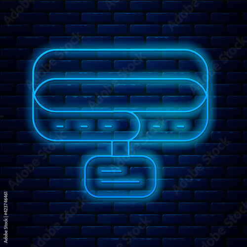 Glowing neon line Collar with name tag icon isolated on brick wall background. Simple supplies for domestic animal. Cat and dog care. Pet chains. Vector