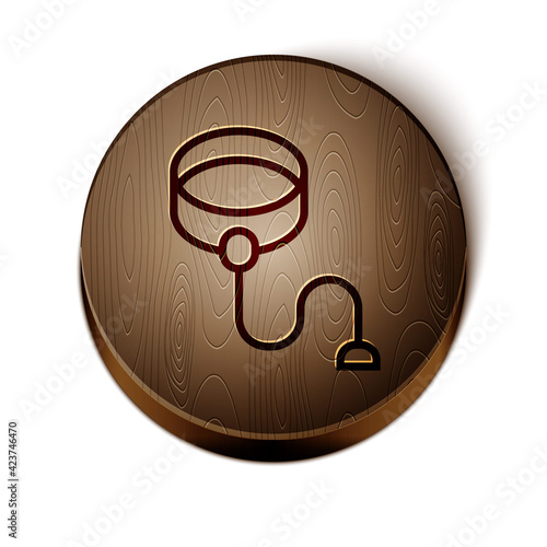 Brown line Retractable cord leash with carabiner icon isolated on white background. Pet dog lead. Animal accessory for outdoors walk. Wooden circle button. Vector