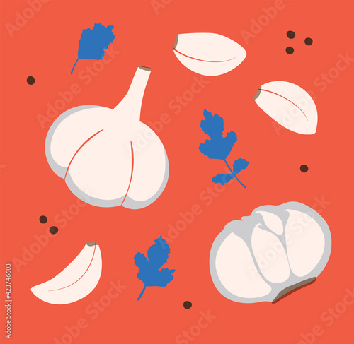 seamless pattern with vegetables. garlic cooking kit.