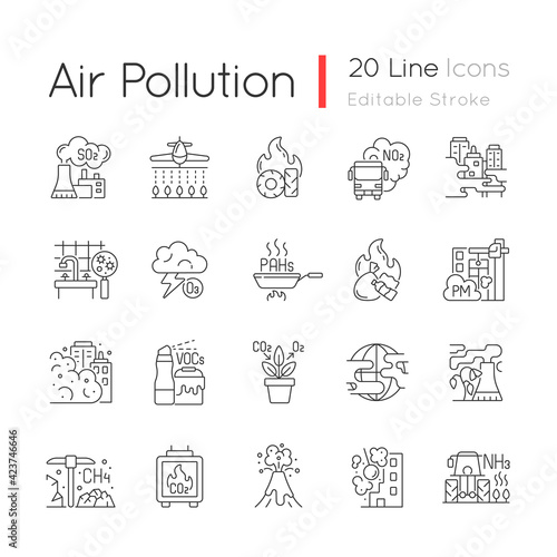 Air pollution linear icons set. Fighting pollution disaster problems. People damaging own home. Customizable thin line contour symbols. Isolated vector outline illustrations. Editable stroke