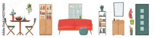 Set of isolated furniture and decorative elements for cute minimalistic interior in scandinavian style. Vector collection in a flat style for decor your living room or office