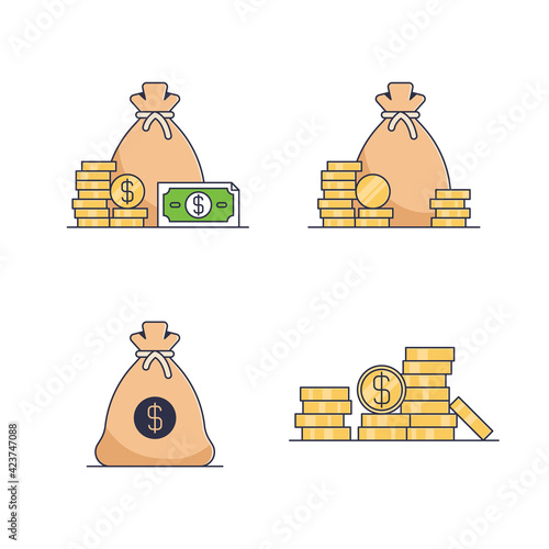 Business money and finance vector icons. 4 items of money bag and bunch of coins. White background