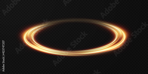 Abstract vector light effect of golden line of light. Movement light lines moving in a circle. Lighting equipment for advertising brochures, banners and materials.