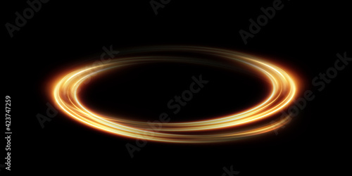 Golden circle light png. Luminous gold wavy line of light on a transparent background. Curve gold line png for games, video, photo, callout, HUD. Isolated vector illustration.