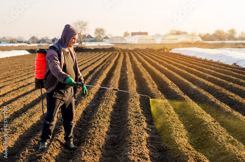The farmer treats the field from weeds and grass for growing potatoes. Use chemicals in agriculture. Harvest processing. Agriculture and agribusiness. Protection and care. Growing vegetables
