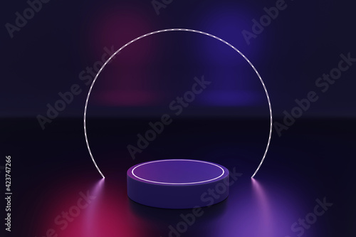3D Rendering background: A circle violet colour podium which is combining from red and blue light in the darkroom.
