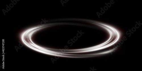 Abstract vector light lines swirling in a spiral. Light simulation of line movement. Light trail from the ring. Illuminated podium for promotional products.