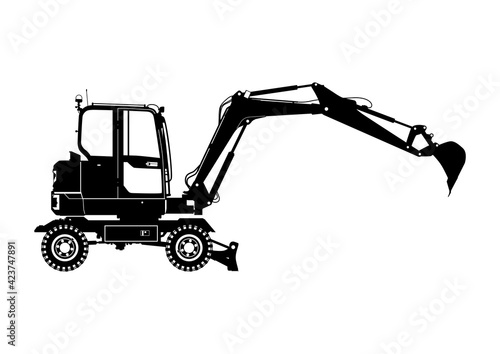 Silhouette of a modern wheeled excavator. Side view. Flat vector.