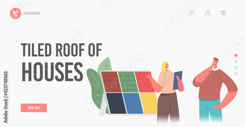 Home Renovation Landing Page Template. Customer Male Character Choose Tiling for Roof Communicate with Designer