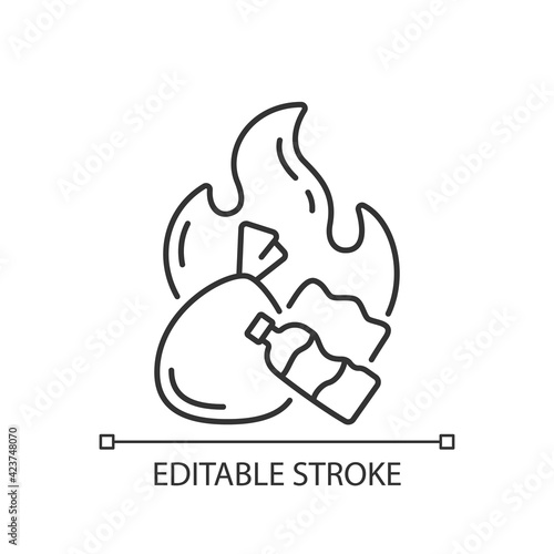 Burning garbage linear icon. Pollutants from backyard burning of trash are released into air. Thin line customizable illustration. Contour symbol. Vector isolated outline drawing. Editable stroke