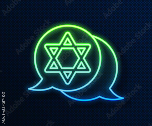 Glowing neon line Star of David icon isolated on blue background. Jewish religion symbol. Symbol of Israel. Vector
