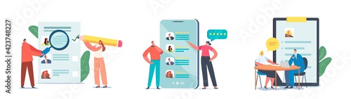 Set Recruiting Job, Interview and Human Resources. People Searching New Job Sending CV and Publishing Ads Online