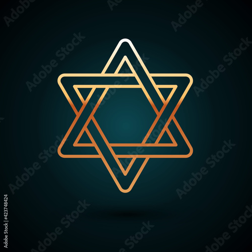Gold line Star of David icon isolated on dark blue background. Jewish religion symbol. Symbol of Israel. Vector