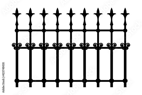 Decorative iron wrought fence silhouette with artistic forging isolated on white background. Metal guardrail. Steel modular railing. Vintage gate with swirls. Forged lattice fence. Vector illustratio
