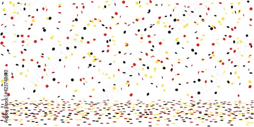 Black yellow red confetti rain on white background 