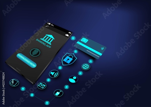 Technology with  Smartphone digital logo.Abstract cyber security and fingerprints blue light. Mobile app,innovation,digital technology, program developers,Vector modern technology and digital concept.