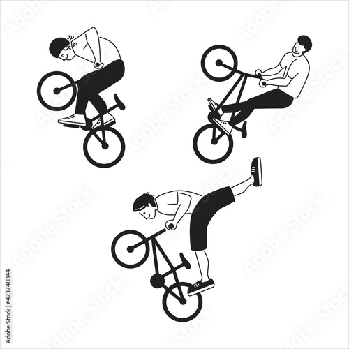 BMX freestyle sportsmen. A team of freestylers performing stunts. Jumping and somersault guys with mountain bikes. Black and white characters set. Flat style vector design illustrations.