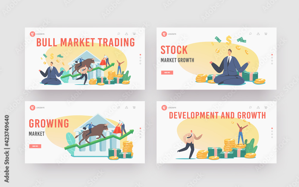 People Trading on Bull Stock Market Landing Page Template Set. Brokers or Traders Characters Analyse Global Fond