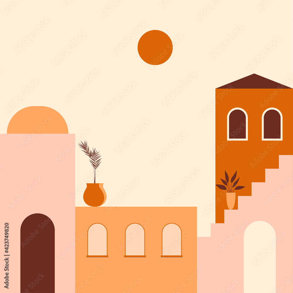 Old city minimalist boho illustration. Boho summer terracotta old city with stairs pattern for design tourism agency flyer, summer birthday greeting card, resort party advertising etc. Old city minimalist boho illustration. Boho summer terracotta old city with stairs pattern for design tourism agency flyer, summer birthday greeting card, resort party advertising etc.