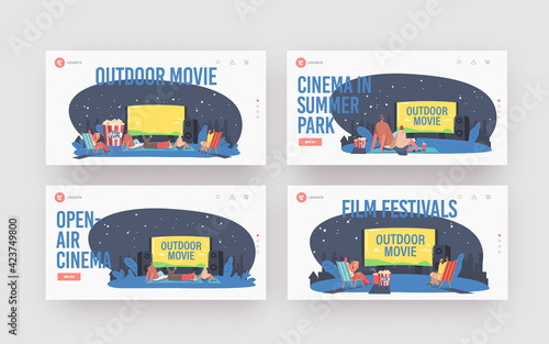 Characters with Friends at Outdoor Movie Theater Landing Page Template Set. People Watching Film on Big Screen Open Air