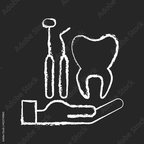 Dental insurance chalk white icon on black background. Dental care. Healthy teeth achieving. Checkups for dental disorder prevention. Covering dentist visit. Isolated vector chalkboard illustration