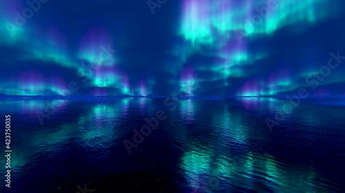 Northern lights and the starry sky reflecting on the water