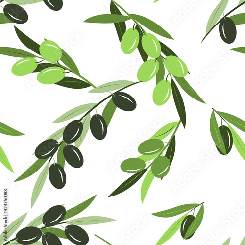 Olive tree branches with green olives. Vector seamless illustration in trendy green colors for design, farmers market decoration, food labels, banners, stickers.