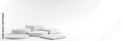 3D rendering of Round and Square white Pedestal, Podium for display product on the white floor. Pedestal can be used for advertising, Isolated on white background, Product Presentation, illustration.