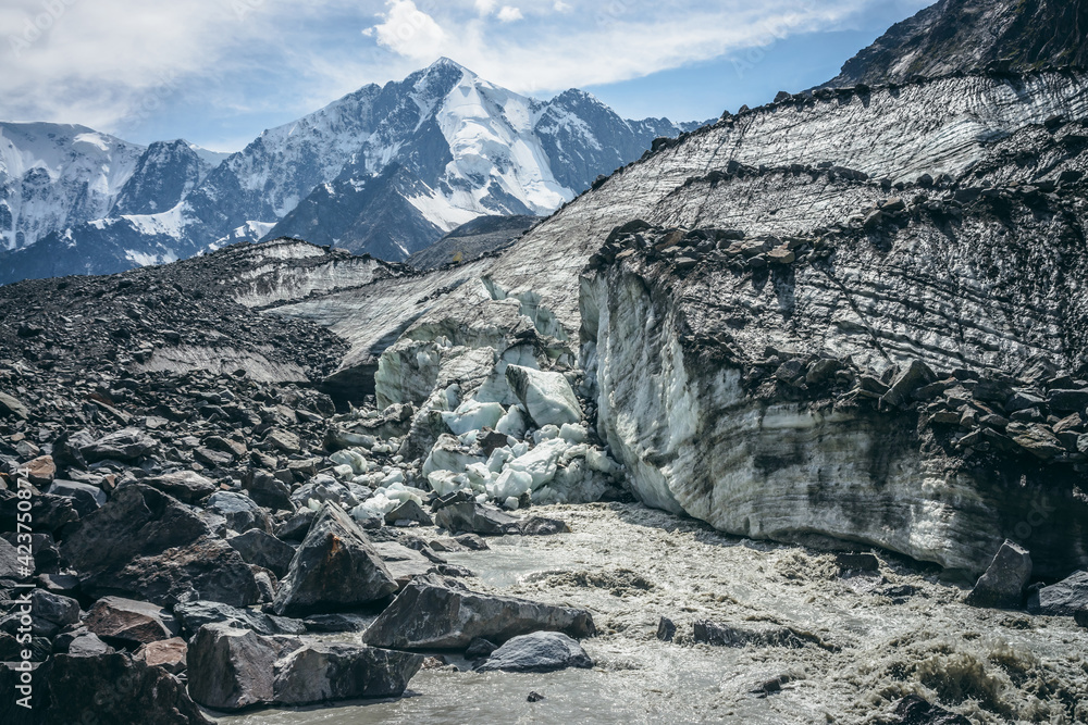 Obraz premium Scenic landscape with powerful mountain river beginning from glacier among large moraines on background of great snowy mountains. Beautiful scenery with glacier at source of turbulent mountain river.