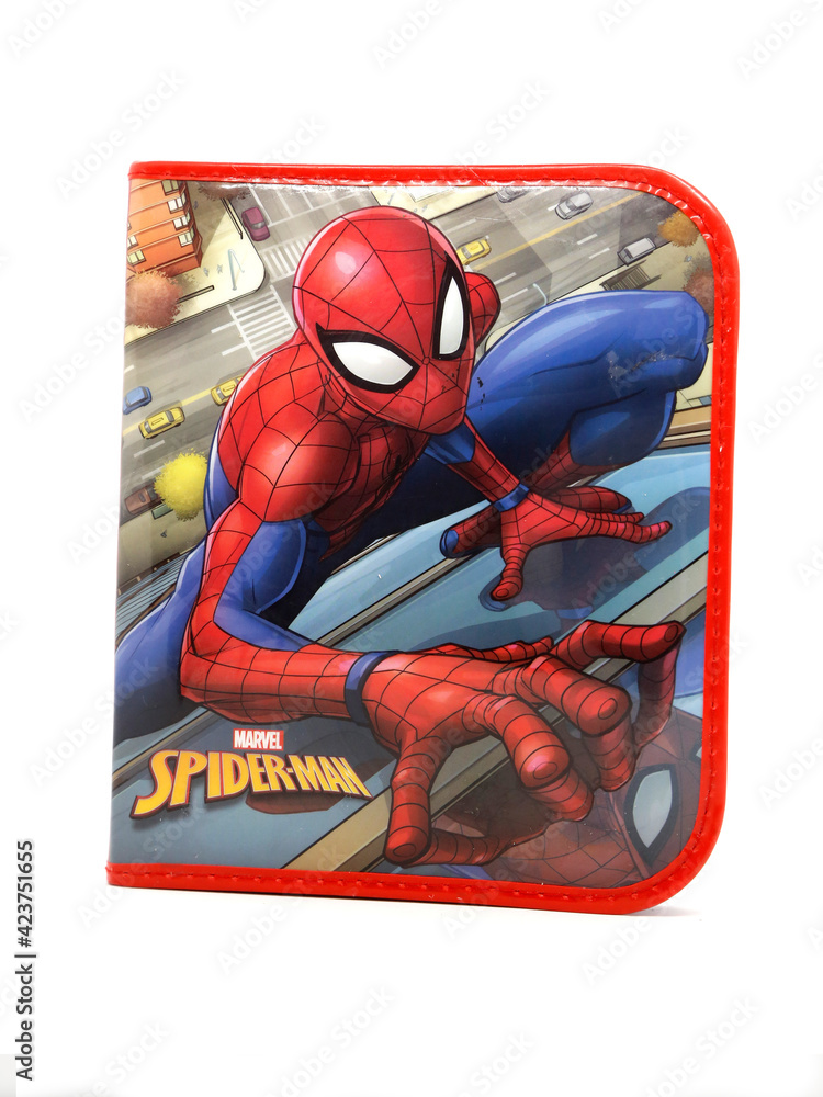 Naklejka premium Title Spider-Man. Spider man. Toy. The Amazing Spider-Man. Comic. Movies. Peter parker. Superhero. Super hero. School pencil case for children. School supplies.