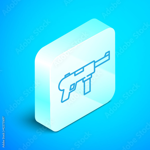 Isometric line Submachine gun M3, Grease gun icon isolated on blue background. Silver square button. Vector