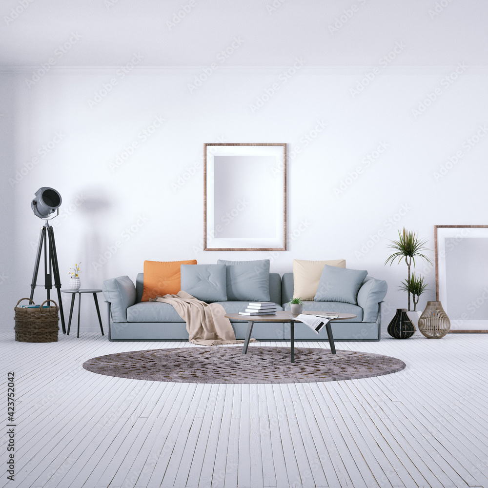Obraz premium Scandinavian Room with Decorations, Indoor Plants, Cozy Sofa and White Plank Floors and Isolated Empty Frame over the Sofa