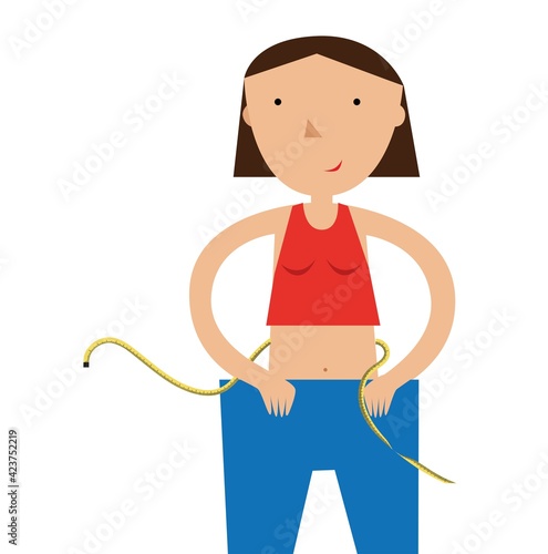 Slender girl holding huge pants on a white background