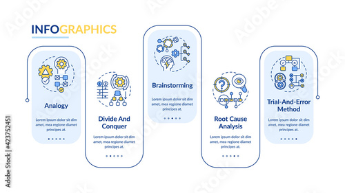 Problem solving tactics vector infographic template. Creative thinking presentation design elements. Data visualization with 5 steps. Process timeline chart. Workflow layout with linear icons