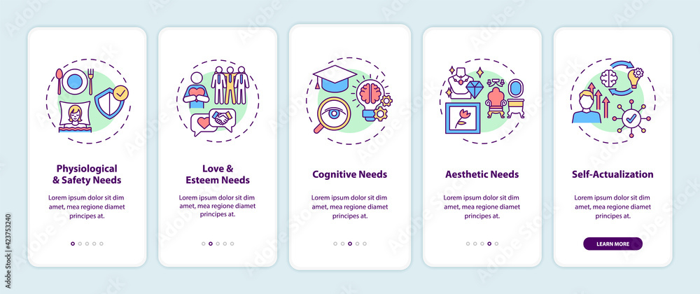 Human being needs onboarding mobile app page screen with concepts. Psychology, self-actualization walkthrough 5 steps graphic instructions. UI, UX, GUI vector template with linear color illustrations