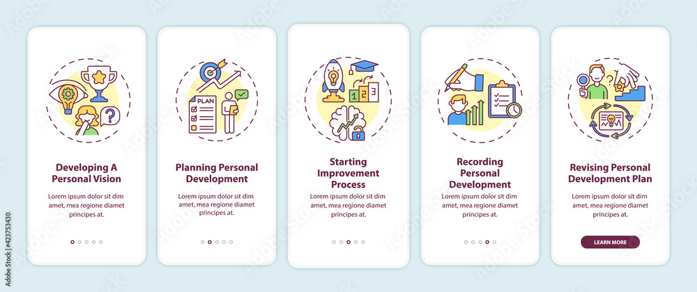 Personal development steps onboarding mobile app page screen with concepts. Self-improvement walkthrough 5 steps graphic instructions. UI, UX, GUI vector template with linear color illustrations Personal development steps onboarding mobile app page screen with concepts. Self-improvement walkthrough 5 steps graphic instructions. UI, UX, GUI vector template with linear color illustrations