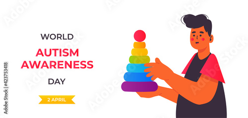 World Autism Awareness Day. Man or boy with autistic spectrum disorder arranged his toys in a row. Asperger syndrome concept. Stock vector illustration for autism rights movement. Isolated on white.