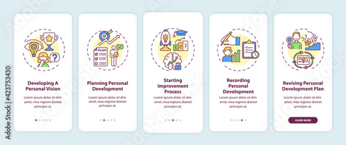Personal development steps onboarding mobile app page screen with concepts. Self-improvement walkthrough 5 steps graphic instructions. UI, UX, GUI vector template with linear color illustrations