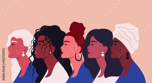 Diverse women profile silhouettes. Black female faces, feminism diversity concept. Girl power vector illustration