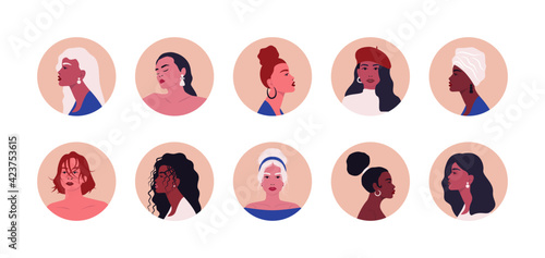 Abstract women faces. Social media highlight covers diversity female avatars. Vector contemporary illustration