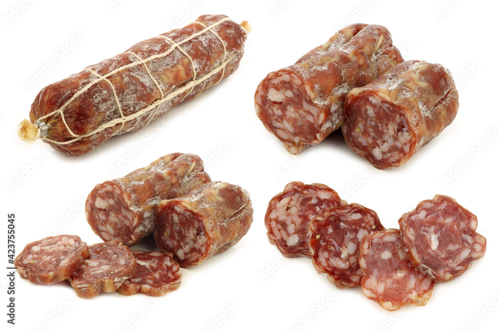 luxury sausage and some pieces on a white background