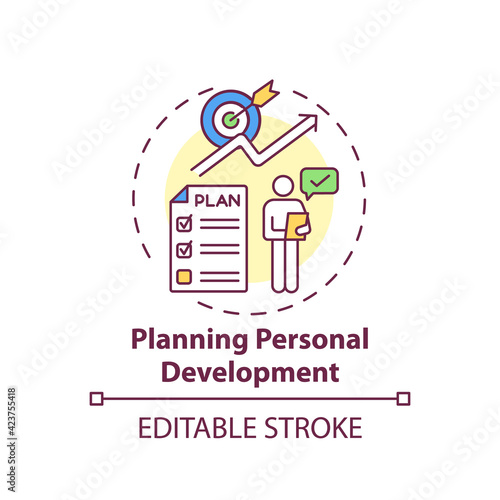 Planning personal development concept icon. Individual accomplishments and achievements. Self development idea thin line illustration. Vector isolated outline RGB color drawing. Editable stroke
