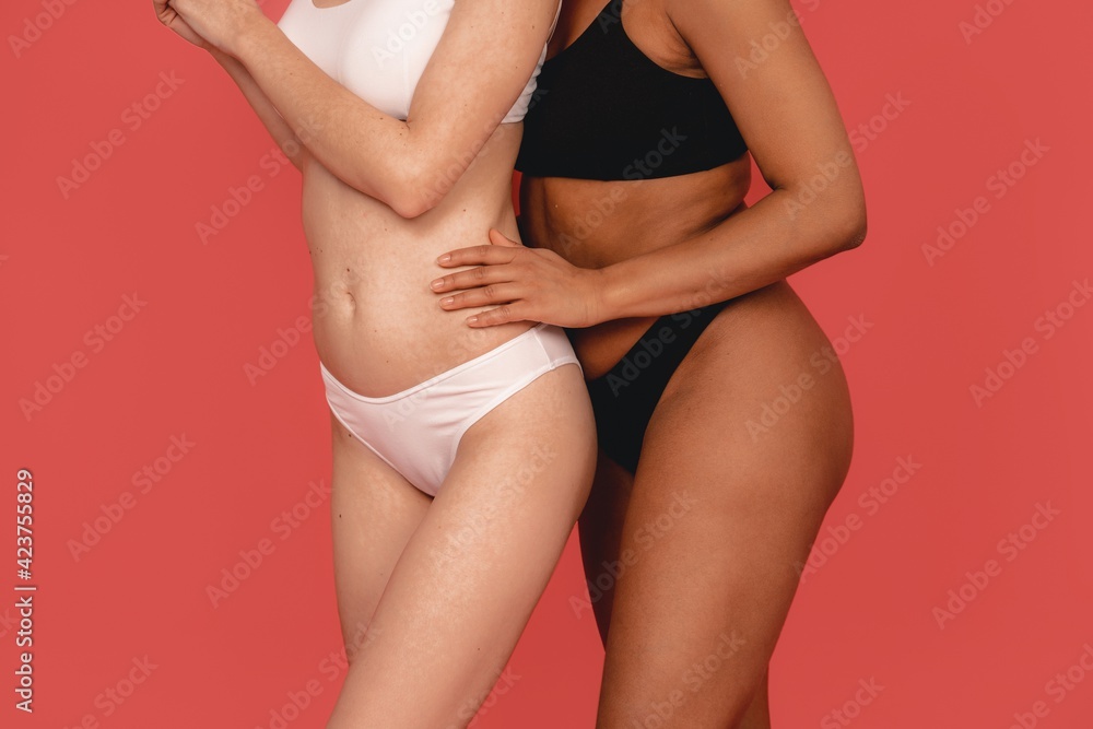 Photo of natural multiracial women, body positive. Feminist females in underwear, isolated on pink background. Concept natural beauty and girl power