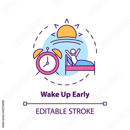 Wake up early concept icon. Daily routine. Person awake in morning. Self development and life improvement idea thin line illustration. Vector isolated outline RGB color drawing. Editable stroke